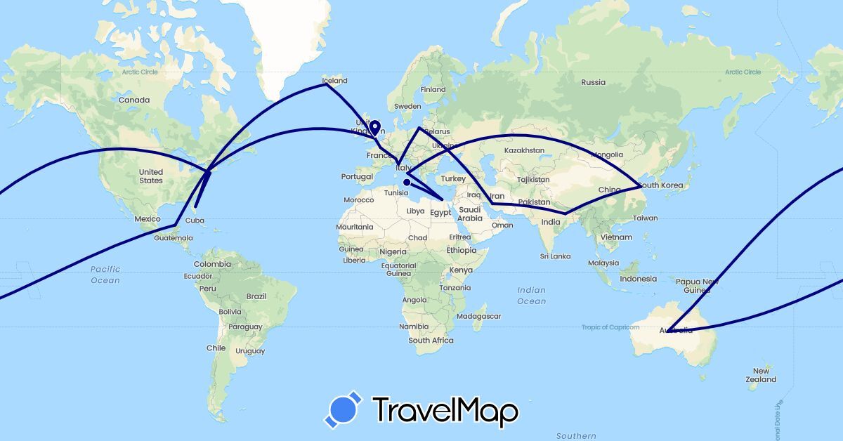 TravelMap itinerary: driving in Australia, China, Egypt, France, United Kingdom, India, Iran, Iceland, Italy, Mexico, Poland, United States (Africa, Asia, Europe, North America, Oceania)